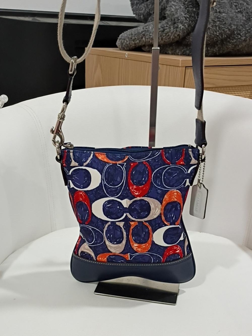 Coach Legacy Signature Navy Slingback Crossbody Bag with Red & Orange Accents